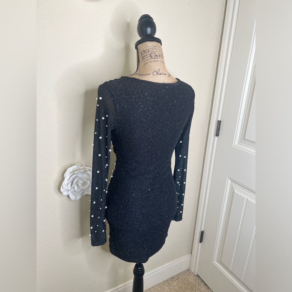 NTM: SHEIN Pearl Embellished Black Bodycon Mini Dress Long Sleeve Size Small - Picture 14 of 16